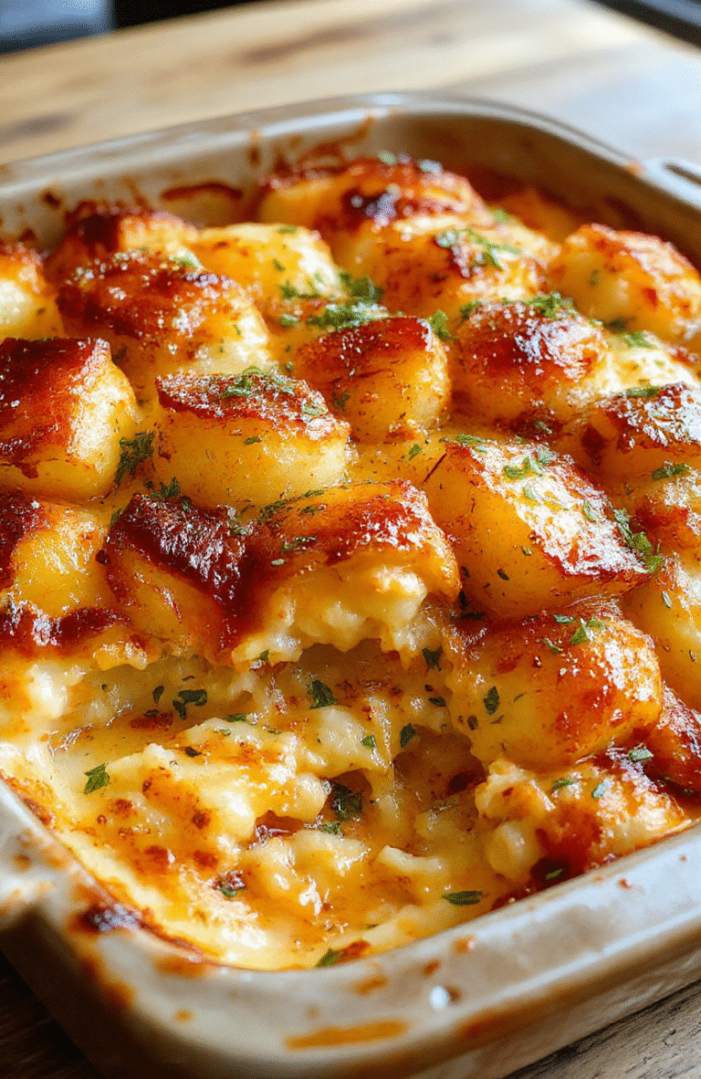 A vibrant, golden-brown tater tot casserole in a rustic ceramic baking dish, topped with melted cheese and fresh herbs, with a side of green vegetables, styled on a wooden table with natural lighting highlighting the crispy texture and gooey cheese.