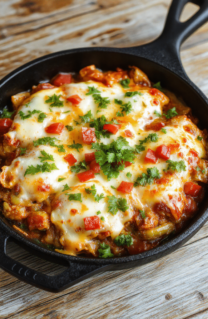 Colorful enchilada skillet served in a rustic black cast iron pan, topped with melted cheese, fresh cilantro, and diced tomatoes. Vibrant peppers and onions are visible beneath the cheesy layer, with a drizzle of sour cream beside. The dish is styled with a casual, rustic vibe, conveying warmth and comfort.