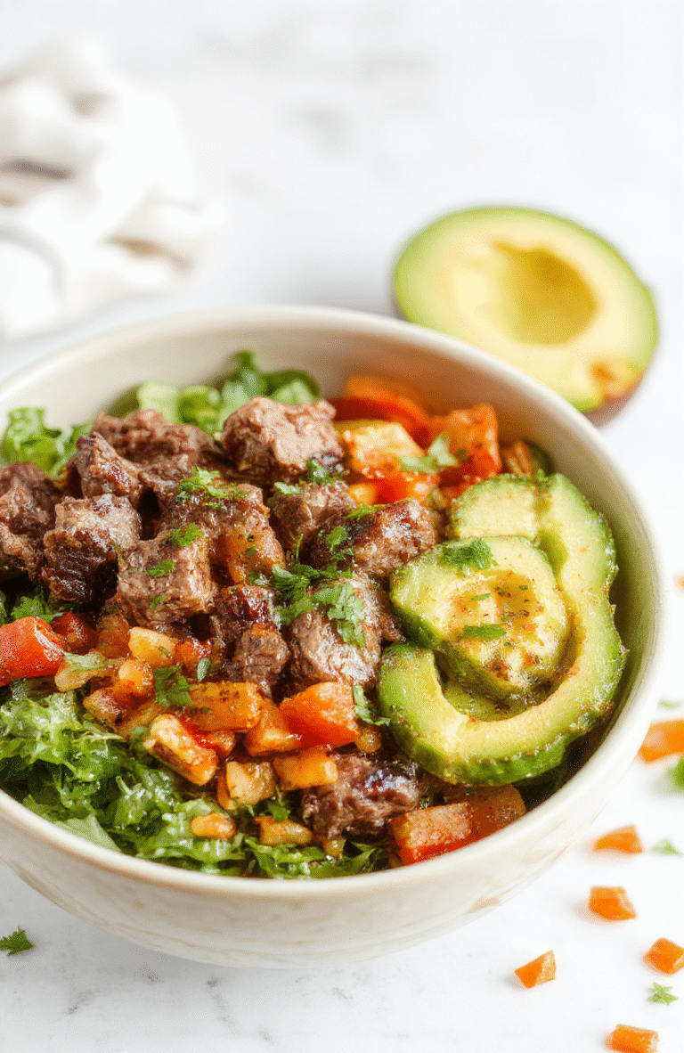 Colorful low carb steak fajita bowl with sliced grilled steak, vibrant peppers and onions, fresh guacamole, shredded cheese, and cilantro, arranged on a rustic wooden surface with a soft natural light highlighting textures and colors.