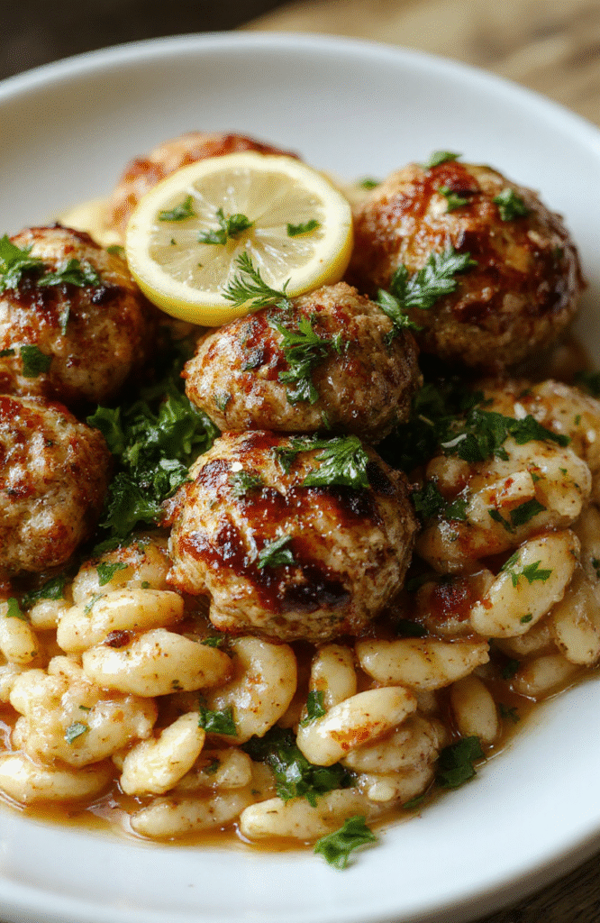 A vibrant plate featuring golden Greek chicken meatballs garnished with fresh herbs, served alongside bright yellow lemon orzo on a rustic white plate, with fresh lemon slices and a sprig of parsley for styling.