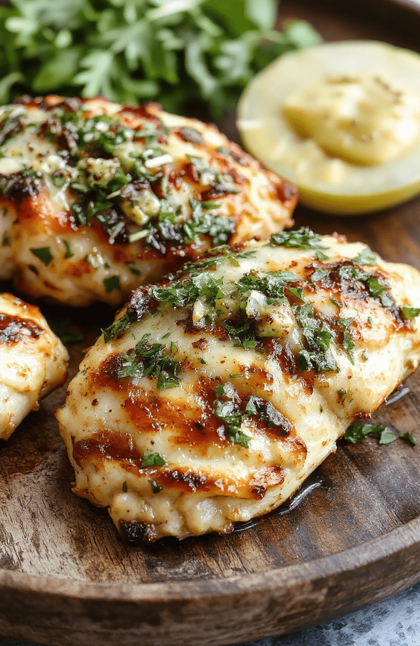 Vibrant grilled chicken topped with melted pepper jack cheese and fresh salsa verde on a rustic wooden plate, garnished with cilantro, with a blurred outdoor background, showcasing juicy textures and colorful ingredients.