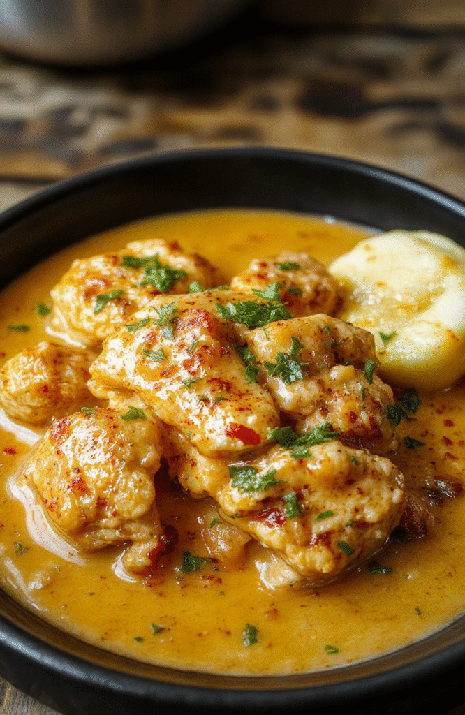 A vibrant bowl of homemade butter chicken with rich orange sauce, garnished with fresh cilantro, served on a white plate with a side of fluffy rice, surrounded by sliced naan bread, with a rustic wooden table background and soft natural daylight highlighting the glossy, creamy texture of the chicken.