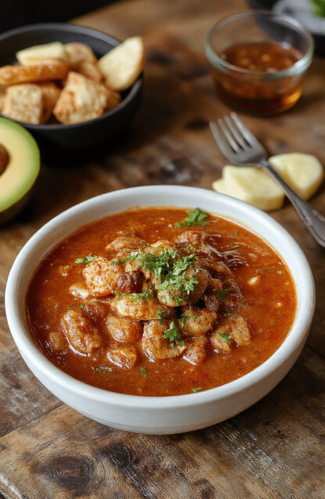 A vibrant plate of Mexican birria featuring tender, shredded beef in a rich, red chili broth, garnished with fresh herbs and served with corn tortillas, styled with rustic bowls and a colorful backdrop, highlighting textures and vibrant colors.