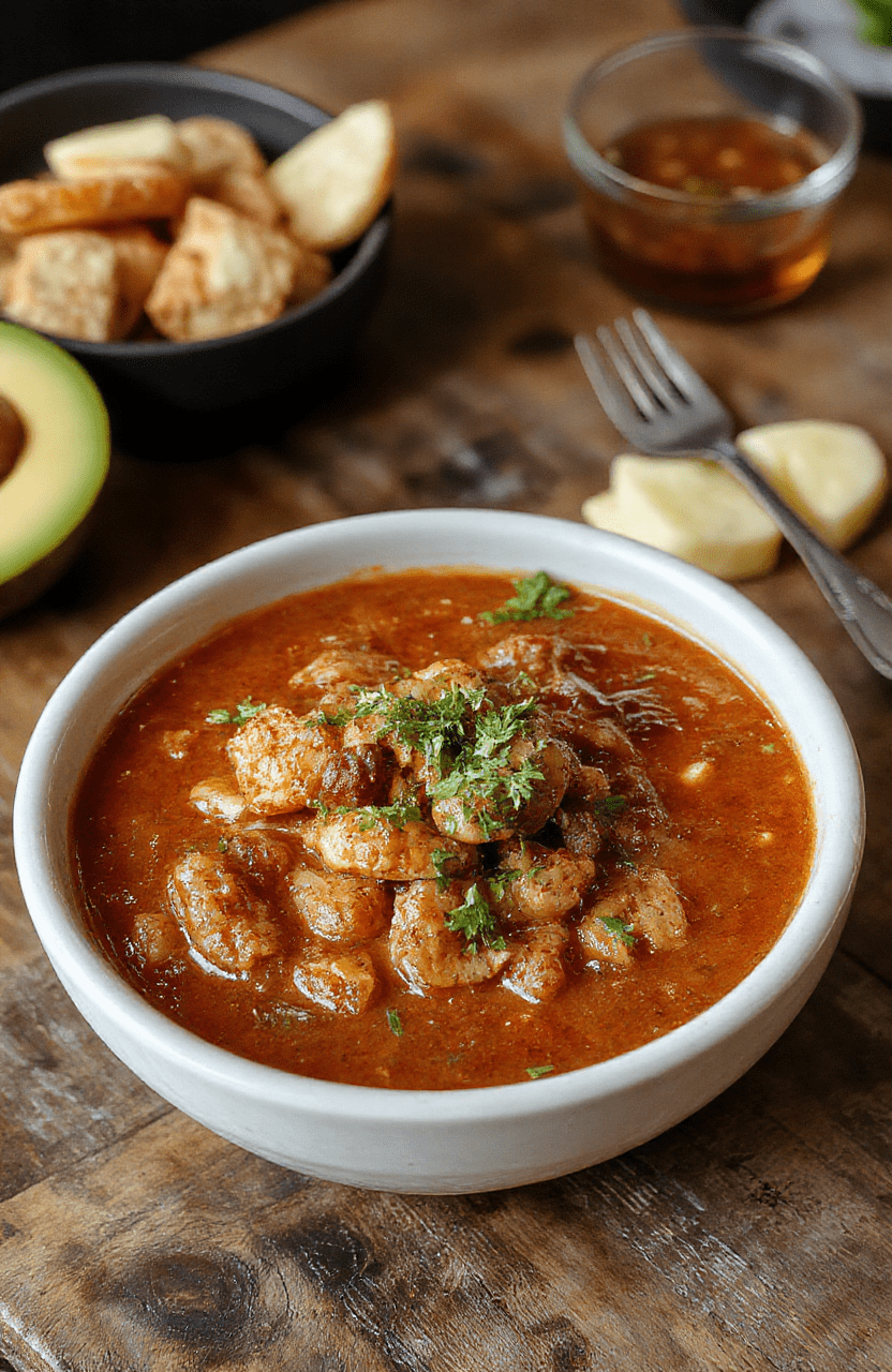 A vibrant plate of Mexican birria featuring tender, shredded beef in a rich, red chili broth, garnished with fresh herbs and served with corn tortillas, styled with rustic bowls and a colorful backdrop, highlighting textures and vibrant colors.