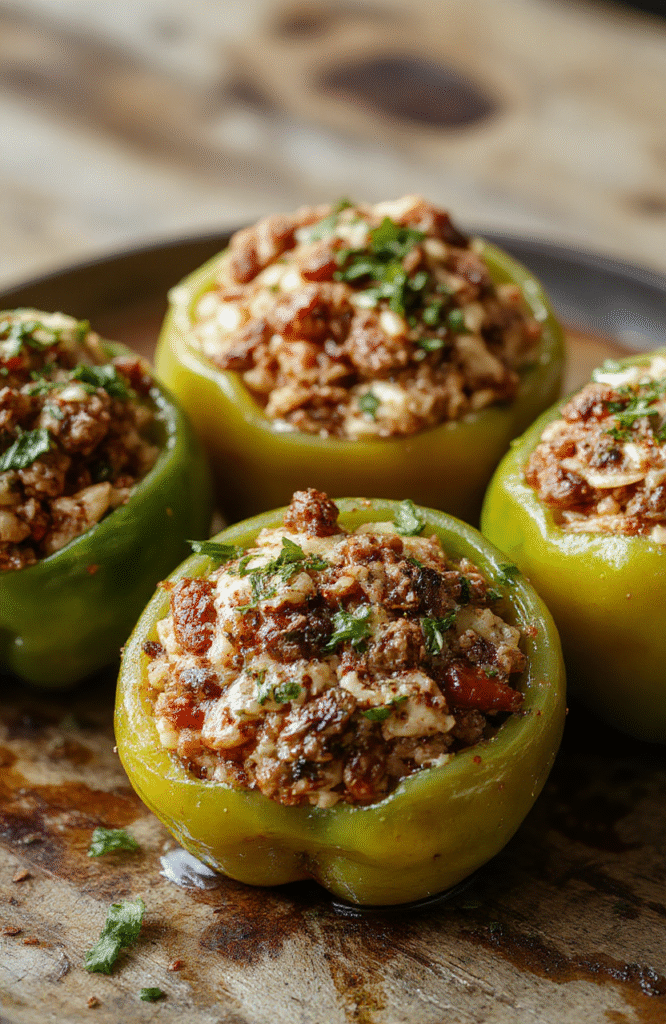 Colorful stuffed bell peppers arranged on a white plate, filled with seasoned ground beef and rice, topped with melted cheese and fresh herbs, with a rustic wooden table background, inviting and vibrant.
