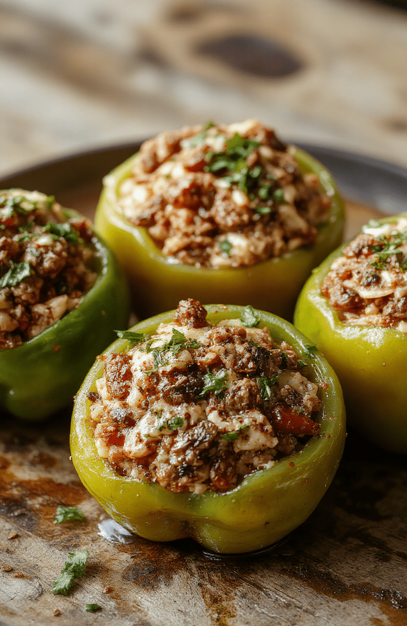 Colorful stuffed bell peppers arranged on a white plate, filled with seasoned ground beef and rice, topped with melted cheese and fresh herbs, with a rustic wooden table background, inviting and vibrant.