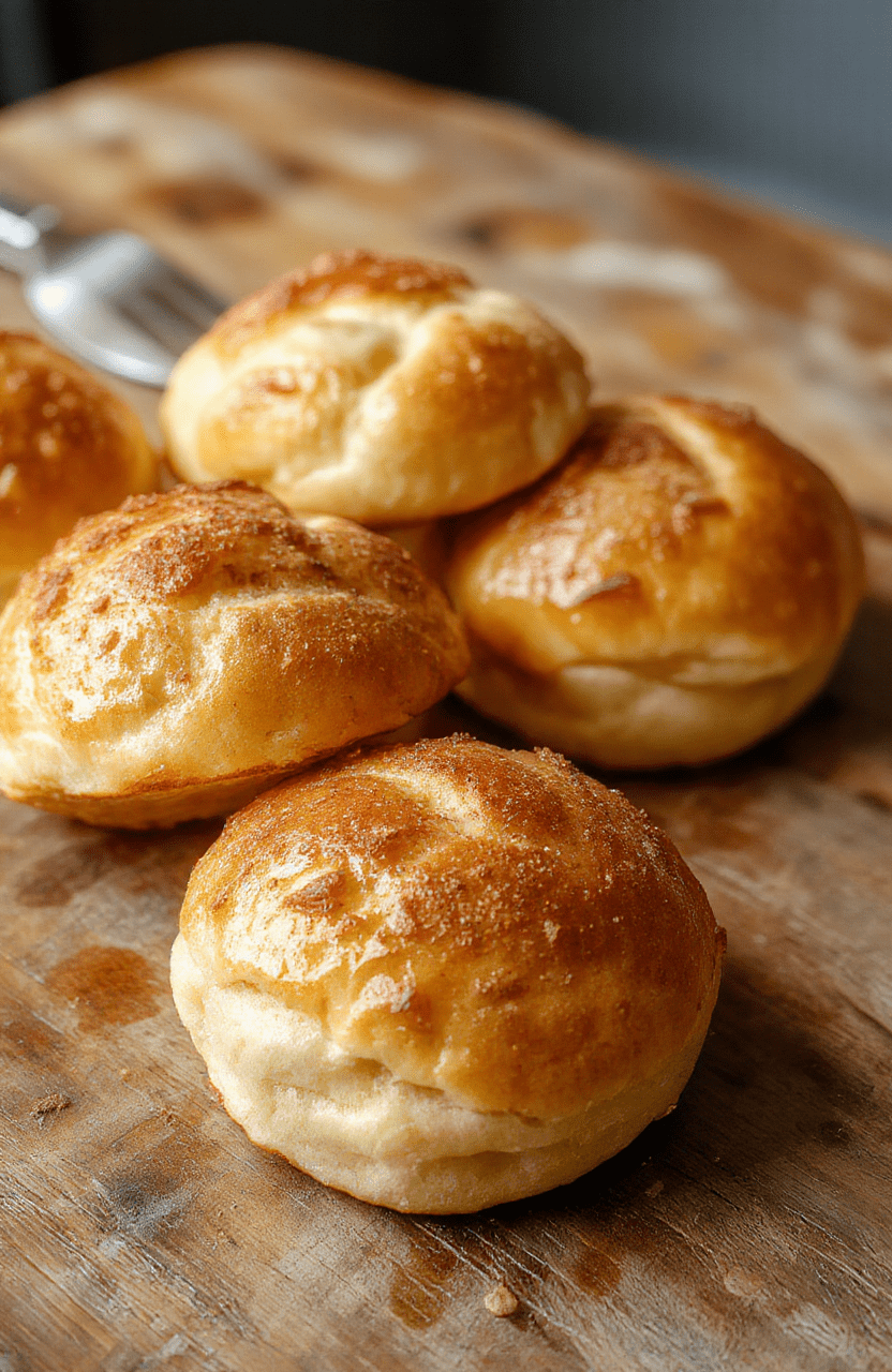 A plate of fluffy breakfast rolls arranged neatly, golden brown crust, soft interior visible with flaky layers, garnished with butter and fresh herbs, styled on a rustic wooden table with a light background emphasizing the warm tones and inviting textures.