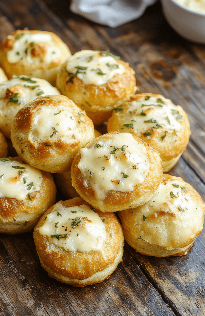 A batch of golden-brown, fluffy garlic butter bread rolls arranged on a rustic wooden table, topped with melted butter and minced garlic, with a soft interior visible through a slight tear, styled with fresh herbs and a clean background for a warm, inviting look.