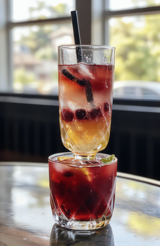 A vibrant glass of fruity bubbly cocktail with colorful fruit slices and bubbles, garnished with a plastic umbrella and mint, set on a reflective surface with a blurred festive background.