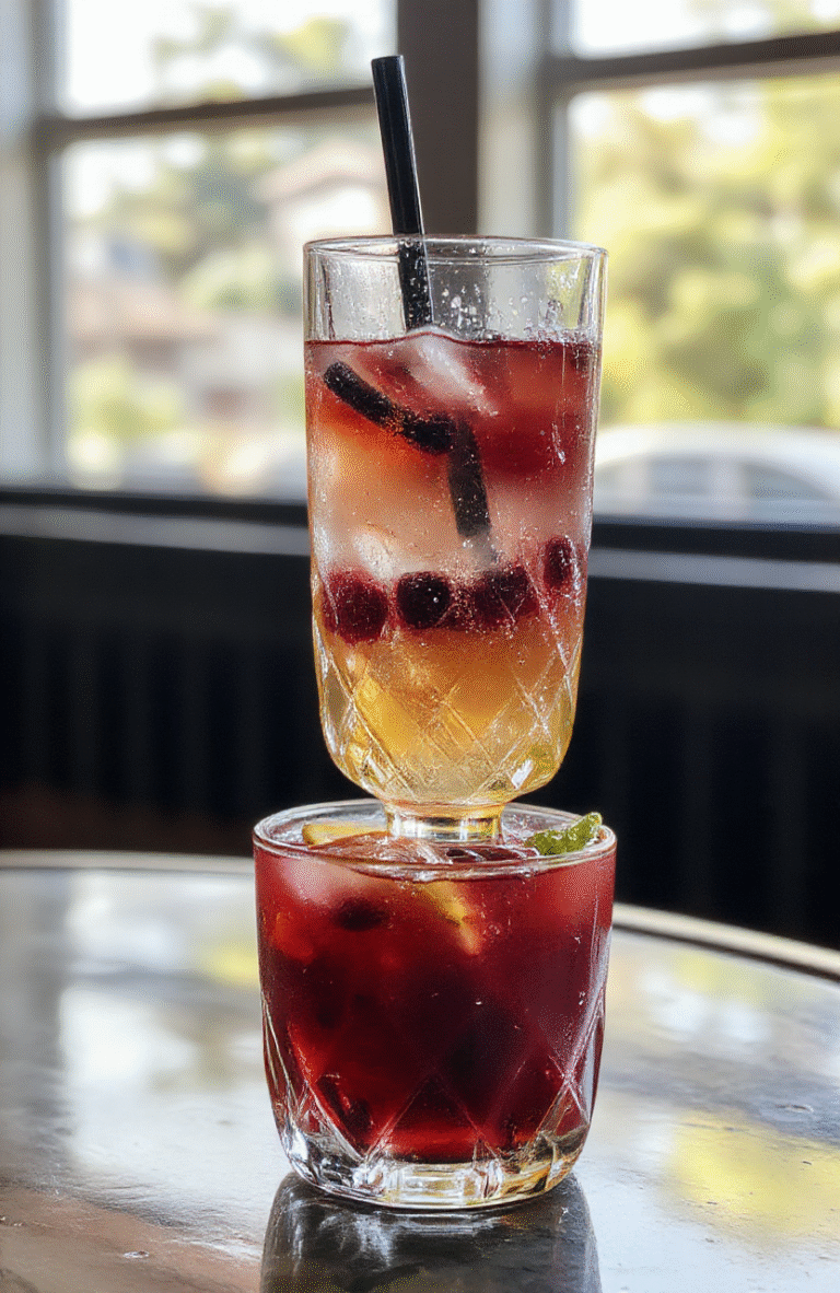 A vibrant glass of fruity bubbly cocktail with colorful fruit slices and bubbles, garnished with a plastic umbrella and mint, set on a reflective surface with a blurred festive background.