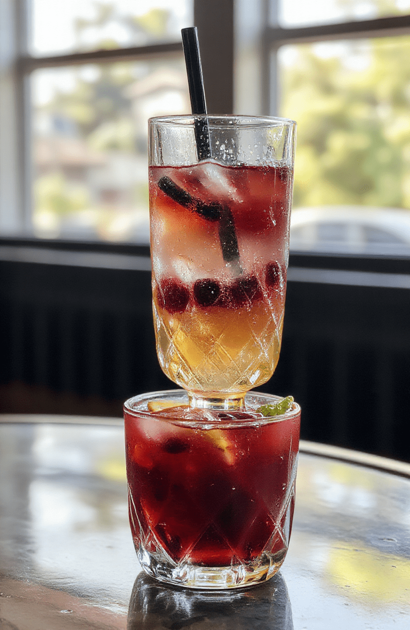 A vibrant glass of fruity bubbly cocktail with colorful fruit slices and bubbles, garnished with a plastic umbrella and mint, set on a reflective surface with a blurred festive background.