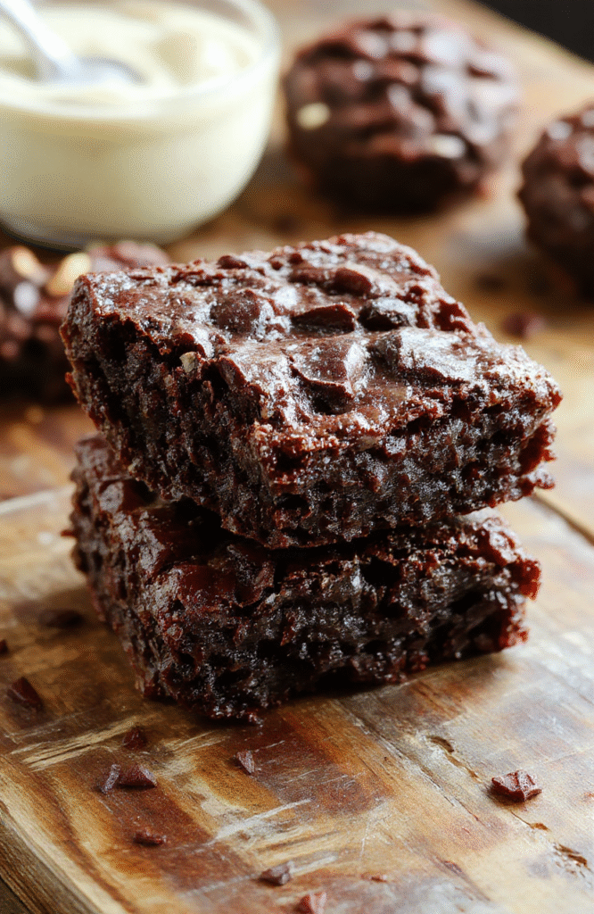 A close-up of a sliced fudgy and chewy brookie showcasing a layered texture with a rich chocolate brownie base and a gooey cookie topping, topped with a sprinkle of flaky sea salt, arranged on a rustic wooden board with a fork nearby, vibrant lighting highlighting the glossy surface and inviting interior textures.