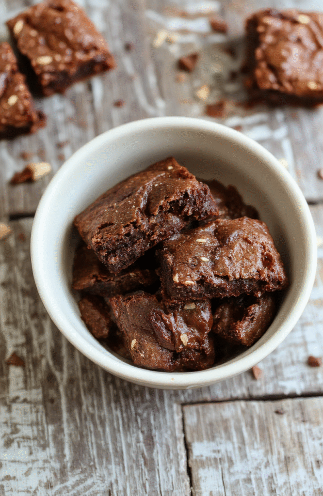 A rich, fudgy brownie sliced to reveal a dense, chocolatey interior. The brownies are on a rustic wooden surface, topped with a light dusting of powdered sugar. The texture appears moist and chewy, with a glossy crust. Soft natural lighting highlights the chocolate sheen and the inviting, homemade appearance.
