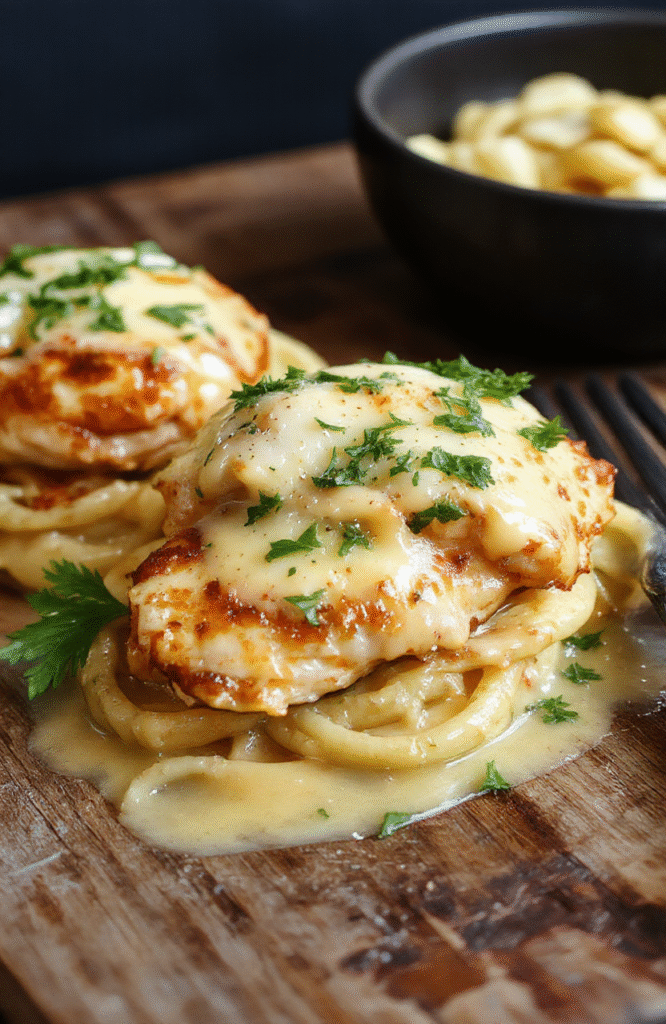 A vibrant plate featuring golden-brown garlic butter chicken bites garnished with fresh parsley, paired with a creamy parmesan pasta with a smooth texture and sprinkled with grated cheese. The dish is styled on a rustic wooden table with natural daylight highlighting the rich colors and textures.