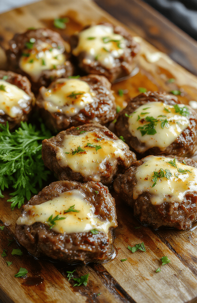 A vibrant plate of golden-brown steak bites glazed with garlic butter, garnished with fresh herbs, served on a rustic white plate with a hint of parsley, showcasing crispy edges and juicy centers, styled with a dark wooden background and soft natural lighting emphasizing the savory textures.