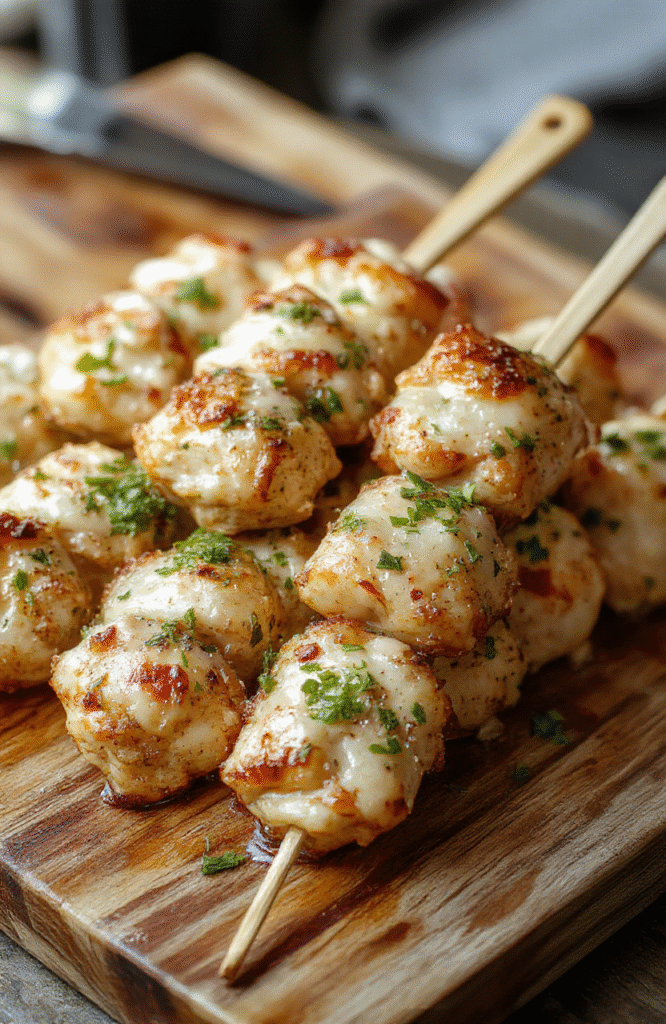 Colorful chicken skewers glazed with garlic and parmesan, arranged on a white plate with fresh herbs, glossy and crispy textures, with a backdrop of wooden serving board and vibrant garnishes.