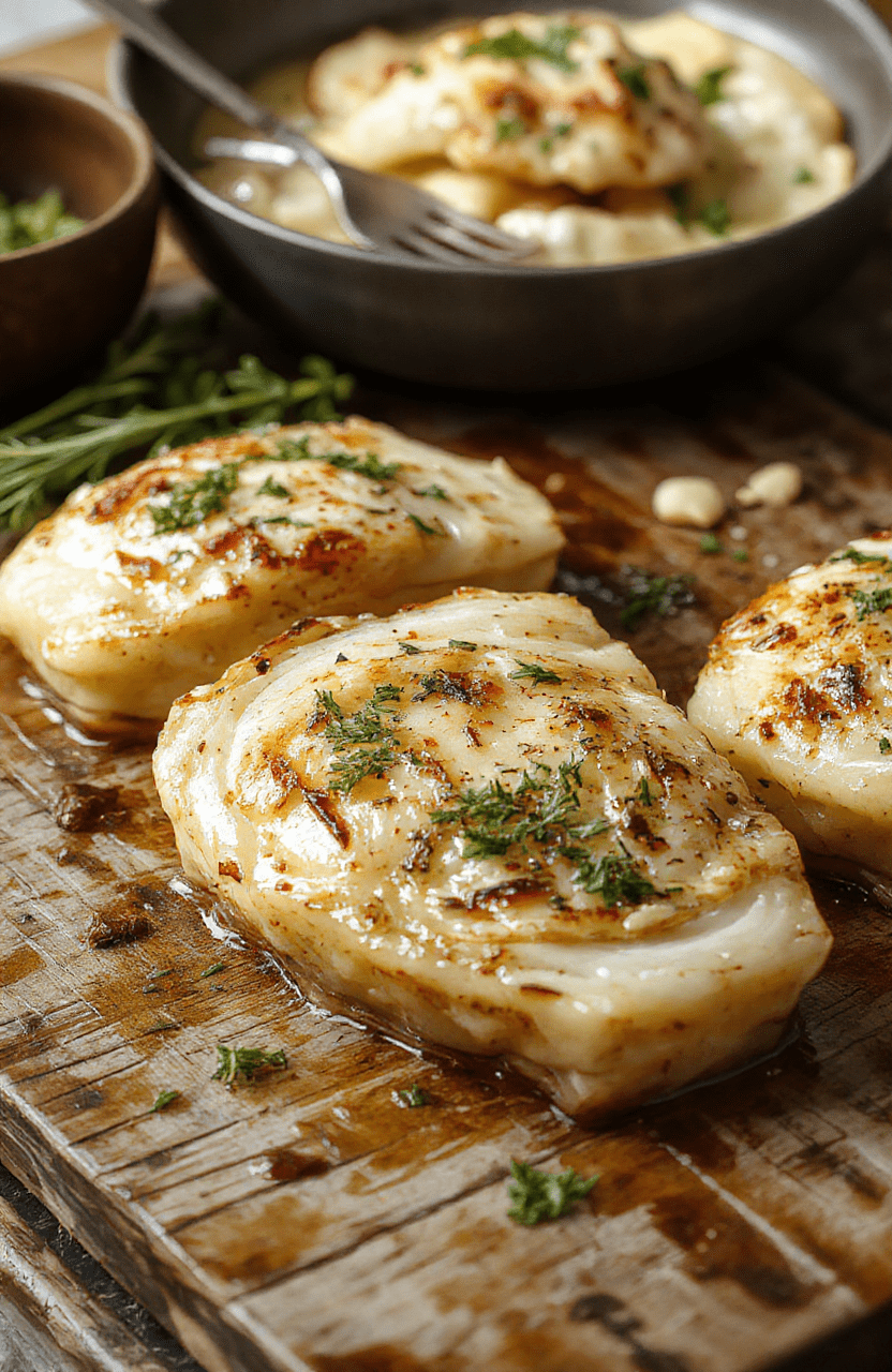 A plate of thick, golden-brown cabbage steaks topped with minced garlic and fresh herbs, arranged neatly on a rustic wooden board with a drizzle of olive oil, crisp edges showing caramelization, vibrant green and purple cabbage contrasted with warm lighting.