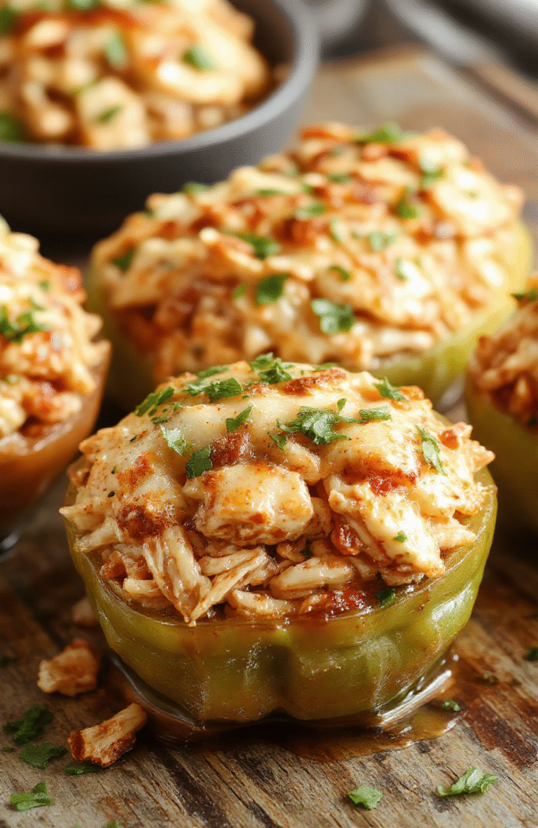 Colorful stuffed peppers filled with shredded chicken, rice, and cheese, arranged on a rustic wooden surface with a spooky Halloween theme, vibrant orange and green peppers, moist textures, topped with melted cheese, garnished with fresh herbs, styled in a casual but appetizing manner.