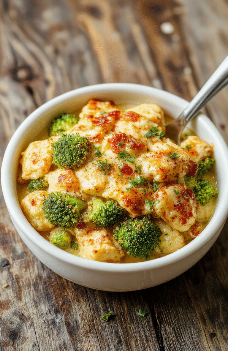 A vibrant, colorful broccoli chicken casserole served in a rustic white dish, garnished with fresh parsley, showcasing tender broccoli florets, slices of golden-brown chicken, and a creamy cheesy sauce, all styled on a wooden table with natural lighting highlighting textures and freshness.
