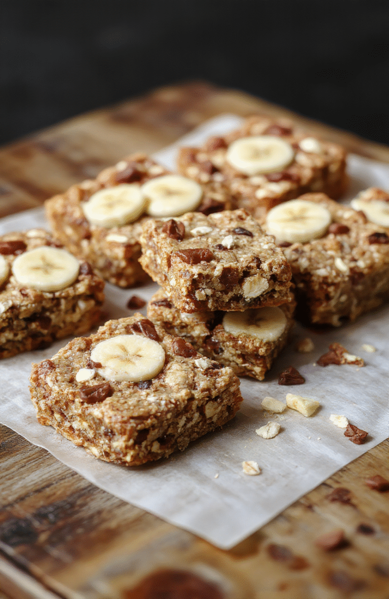 Colorful banana oatmeal bars arranged on a wooden tray, showcasing textured oats, ripe banana slices, and a golden-brown crust, styled with fresh bananas and a dusting of cinnamon, inviting and vibrant.