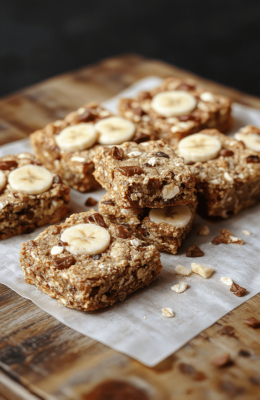 Colorful banana oatmeal bars arranged on a wooden tray, showcasing textured oats, ripe banana slices, and a golden-brown crust, styled with fresh bananas and a dusting of cinnamon, inviting and vibrant.