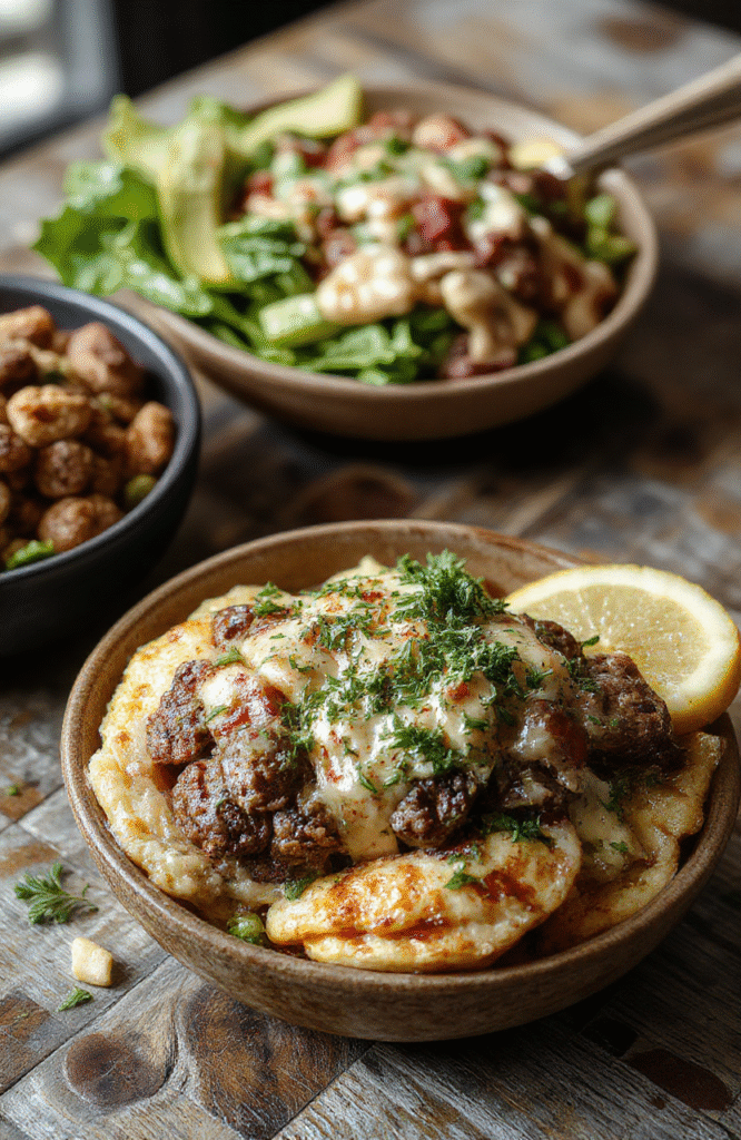 A colorful burger bowl featuring grilled chicken, fresh lettuce, cherry tomatoes, sliced avocados, and melted cheese in a white bowl, styled with vibrant vegetables and drizzled dressing, on a rustic wooden table.