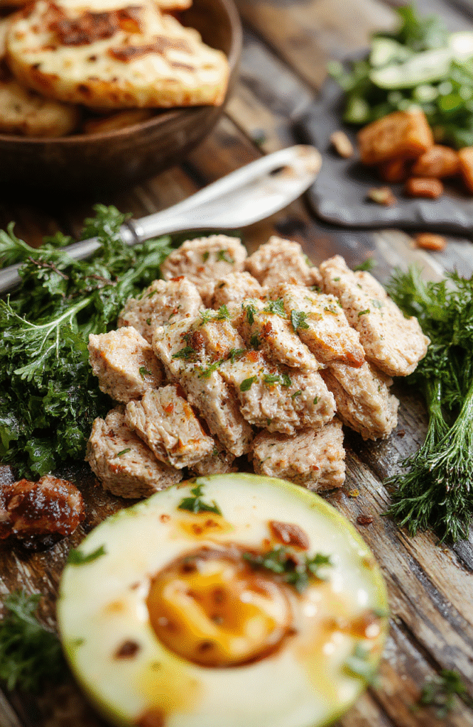A colorful plate showcasing ground turkey cooked with vegetables, garnished with fresh herbs, on a rustic wooden table, with a side of salad and a glass of water, natural daylight highlighting the textures and vibrant colors.