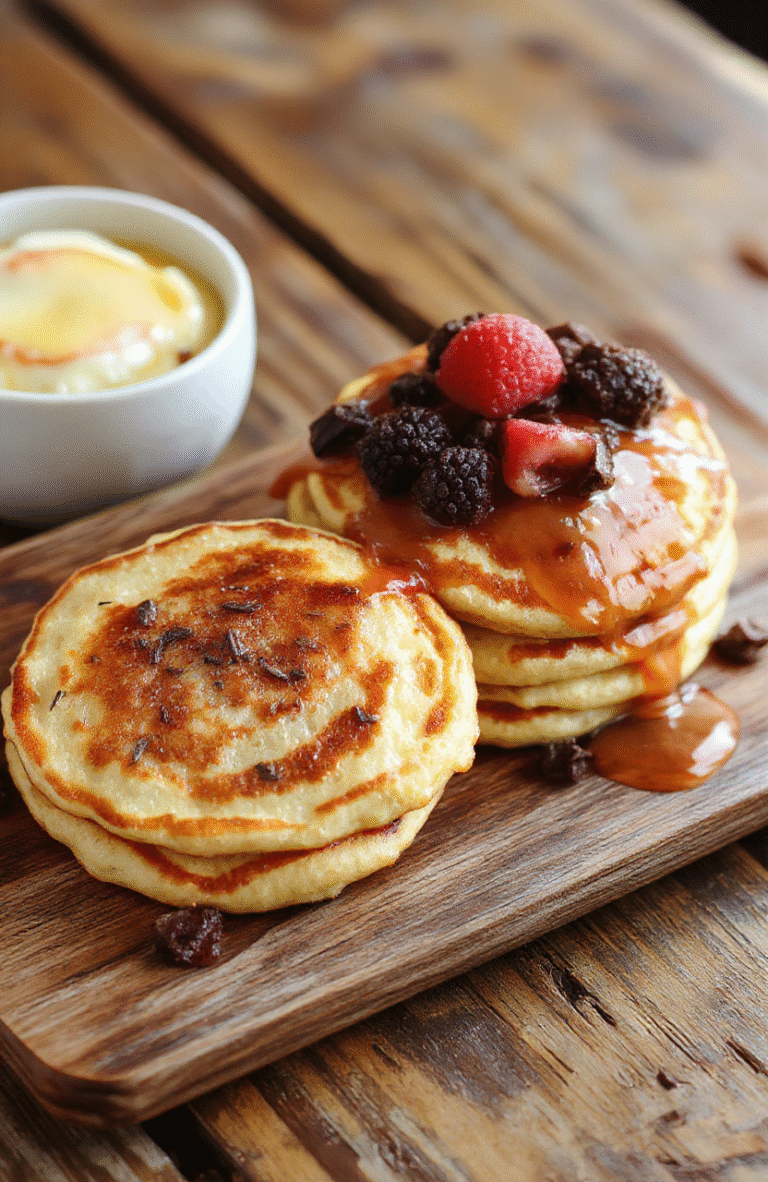 A stack of fluffy whole-grain pancakes topped with fresh berries, drizzled with syrup, on a rustic wooden plate, with a side of sliced bananas and a glass of orange juice, styled for a cozy breakfast setting.