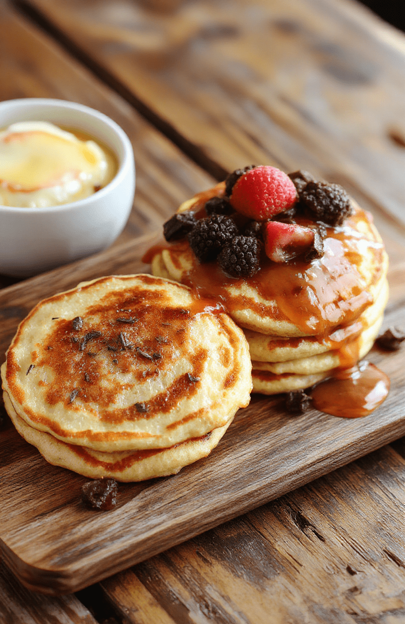 A stack of fluffy whole-grain pancakes topped with fresh berries, drizzled with syrup, on a rustic wooden plate, with a side of sliced bananas and a glass of orange juice, styled for a cozy breakfast setting.