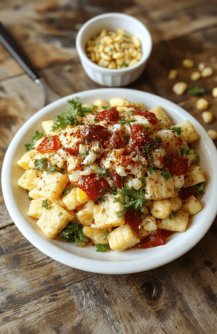 A vibrant bowl of street corn pasta salad featuring colorful corn kernels, chopped fresh herbs, creamy dressing, and crumbled cheese, arranged on a rustic wooden table with fresh lime wedges and cilantro scattered around, emphasizing fresh, summery flavors and textures.