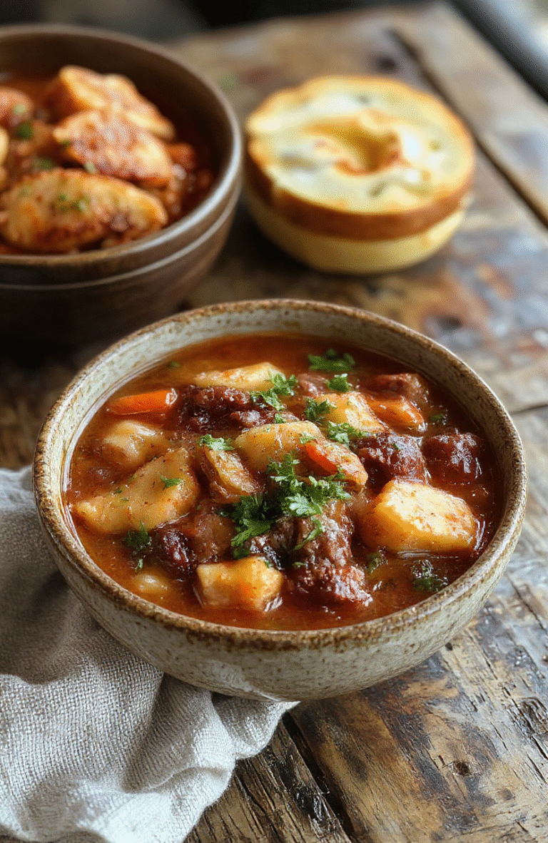 A rustic bowl of hearty cowboy stew filled with chunks of beef, potatoes, carrots, and beans, garnished with fresh herbs, served on a wooden table with a spoon, colorful vegetables, rich broth, inviting and comforting presentation.