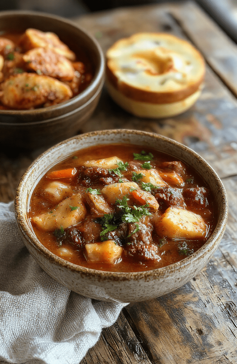 A rustic bowl of hearty cowboy stew filled with chunks of beef, potatoes, carrots, and beans, garnished with fresh herbs, served on a wooden table with a spoon, colorful vegetables, rich broth, inviting and comforting presentation.