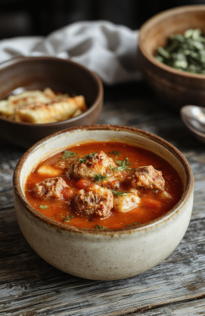 A vibrant bowl of Italian meatball soup featuring plump meatballs nestled in a rich tomato broth, garnished with fresh herbs and grated cheese, presented on a rustic wooden table with a spoon resting beside it.