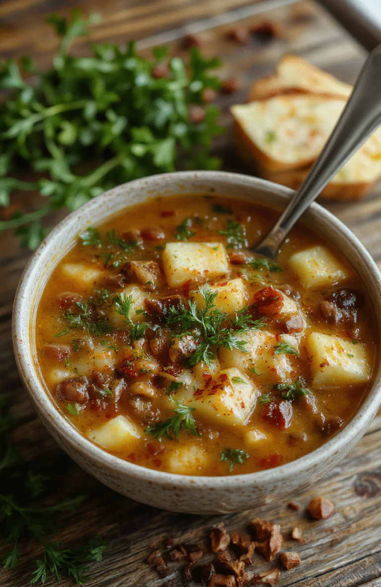 A warm bowl of hearty lentil and potato soup with a creamy, thick texture, garnished with fresh herbs, served on a rustic wooden table, with a spoon beside it, vibrant orange and green colors from the ingredients stand out, inviting and comforting scene.