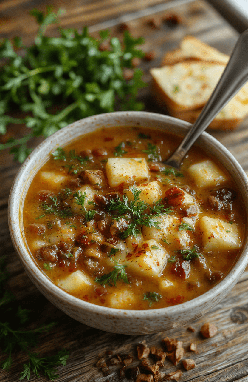 A warm bowl of hearty lentil and potato soup with a creamy, thick texture, garnished with fresh herbs, served on a rustic wooden table, with a spoon beside it, vibrant orange and green colors from the ingredients stand out, inviting and comforting scene.