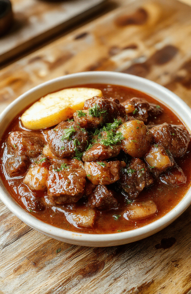 A warm bowl of hearty beef stew topped with fresh herbs, surrounded by rustic bread and vegetables on a wooden table, steam rising gently, vibrant and inviting colors.