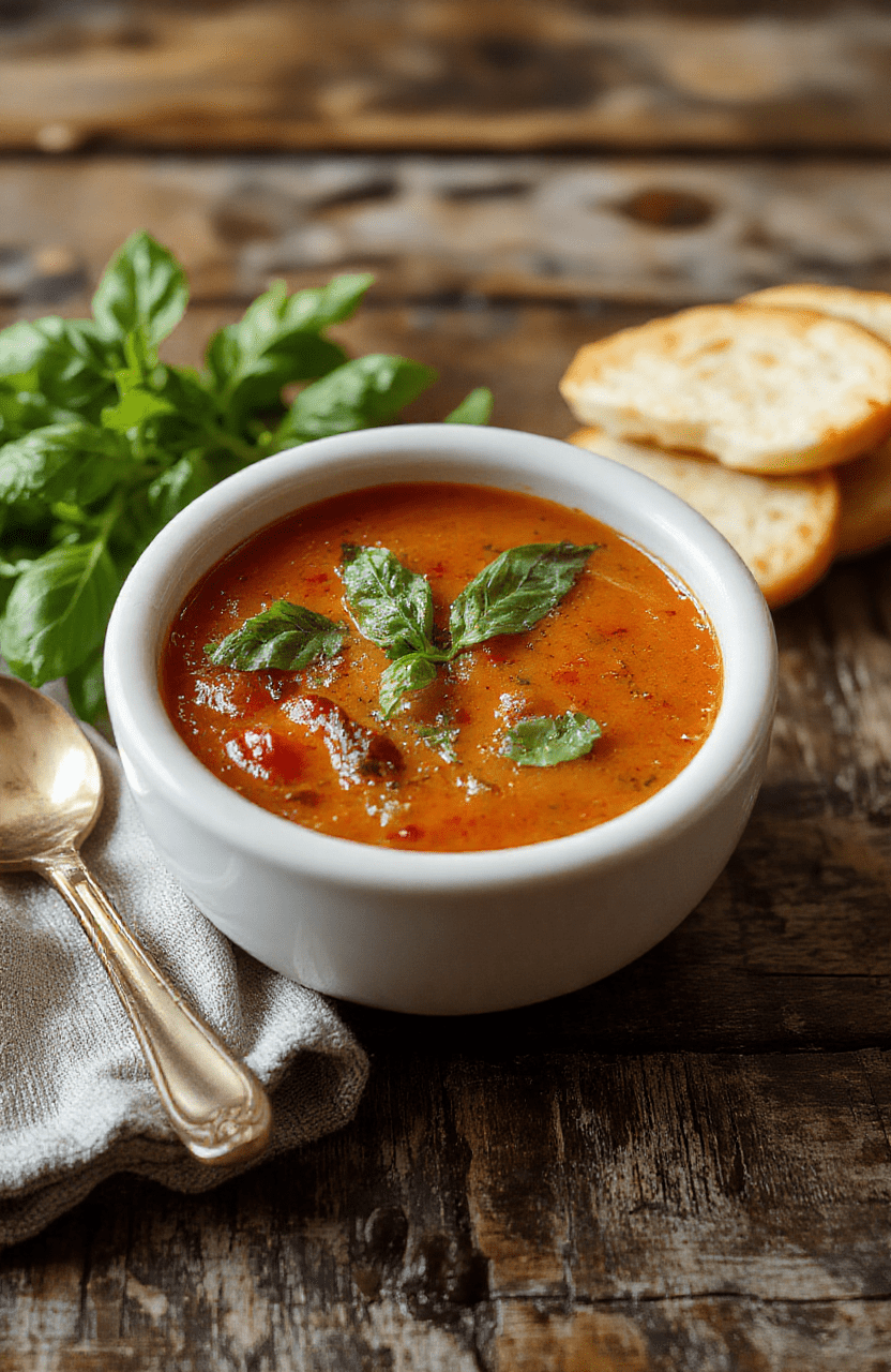 A vibrant bowl of roasted tomato basil soup garnished with fresh basil leaves, served in a rustic white bowl on a wooden table with a toasted baguette slice on the side, vibrant red and green colors, smooth textures, inviting and fresh look