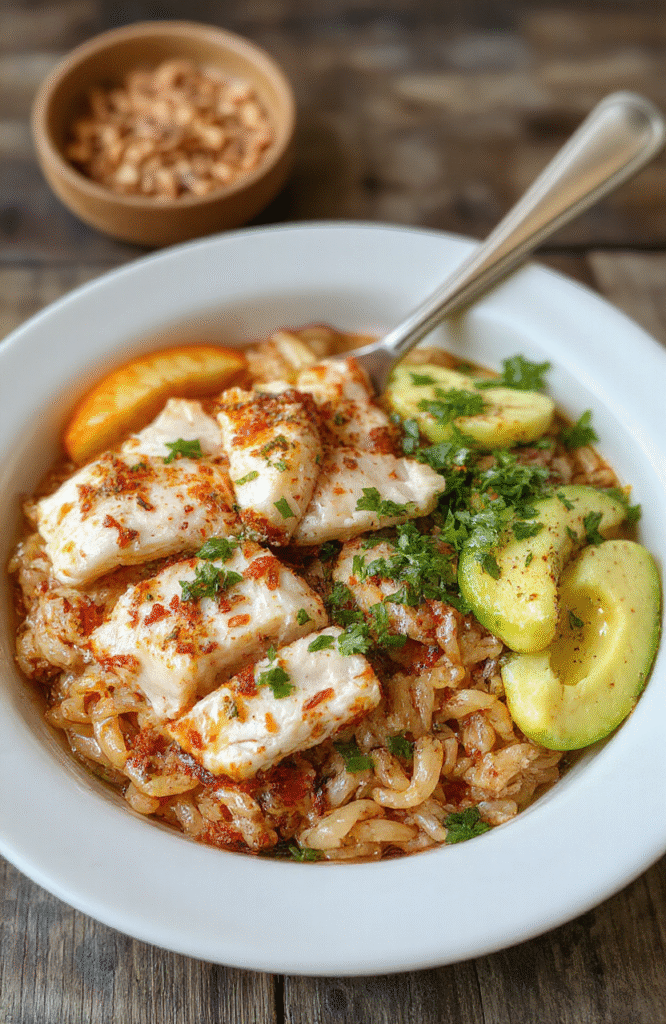 A vibrant plated dish featuring tender chunks of grilled chicken, perfectly cooked orzo pasta, and fresh herbs, garnished with lemon wedges and a sprinkle of parsley, set on a rustic wooden table with natural light highlighting the textures and colors.