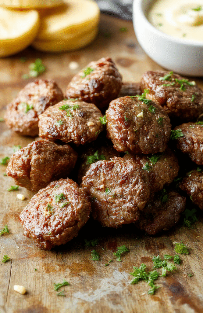 A close-up of juicy beef bites glazed with garlic butter, plated atop a rustic wooden surface with fresh herbs and garlic cloves, showcasing a glossy, savory exterior and tender interior, styled casually with a soft-focus background.