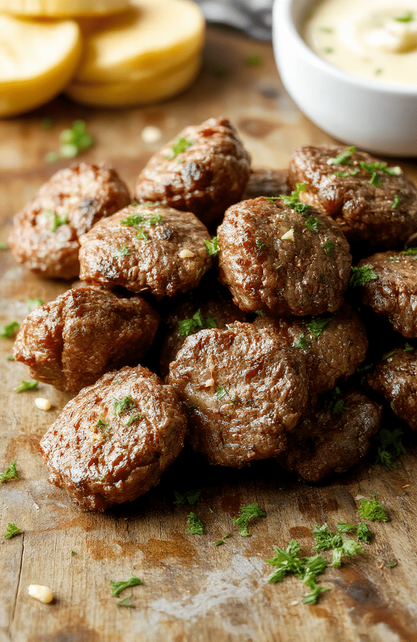 A close-up of juicy beef bites glazed with garlic butter, plated atop a rustic wooden surface with fresh herbs and garlic cloves, showcasing a glossy, savory exterior and tender interior, styled casually with a soft-focus background.