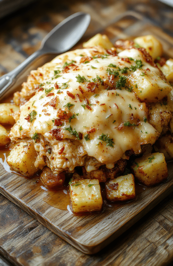 A close-up of a golden-brown crockpot chicken and potatoes dish on a rustic wooden table, garnished with fresh parsley and shredded parmesan, with a creamy garlic sauce glaze, styled simply for a warm, inviting presentation.
