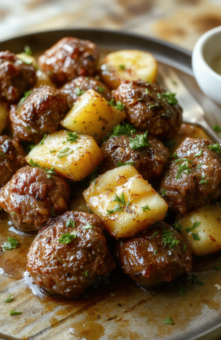 A vibrant plate featuring tender beef bites coated in golden garlic butter sauce, surrounded by crispy roasted potatoes, garnished with fresh herbs and served on a rustic wooden table