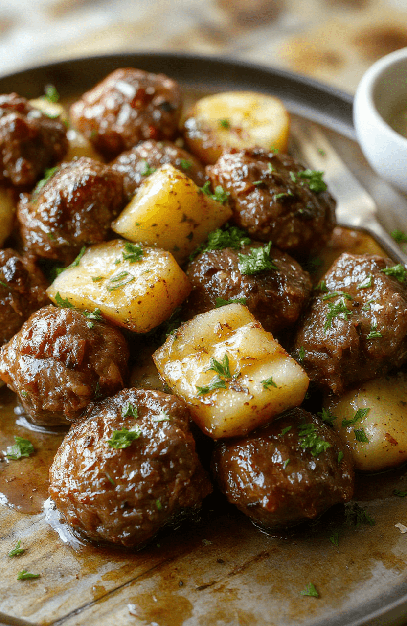A vibrant plate featuring tender beef bites coated in golden garlic butter sauce, surrounded by crispy roasted potatoes, garnished with fresh herbs and served on a rustic wooden table