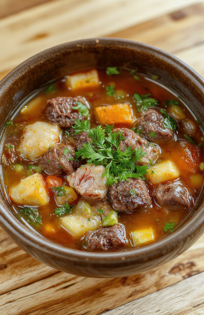 A cozy bowl of hearty vegetable beef soup filled with tender beef chunks, colorful vegetables like carrots and potatoes, and green beans, topped with fresh herbs, arranged on a rustic wooden table with a warm background and natural daylight highlighting the textures.
