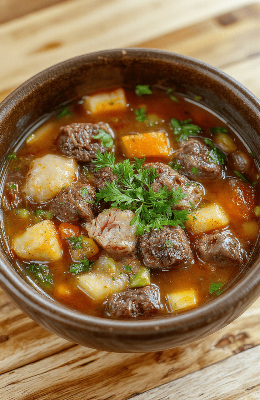 A cozy bowl of hearty vegetable beef soup filled with tender beef chunks, colorful vegetables like carrots and potatoes, and green beans, topped with fresh herbs, arranged on a rustic wooden table with a warm background and natural daylight highlighting the textures.