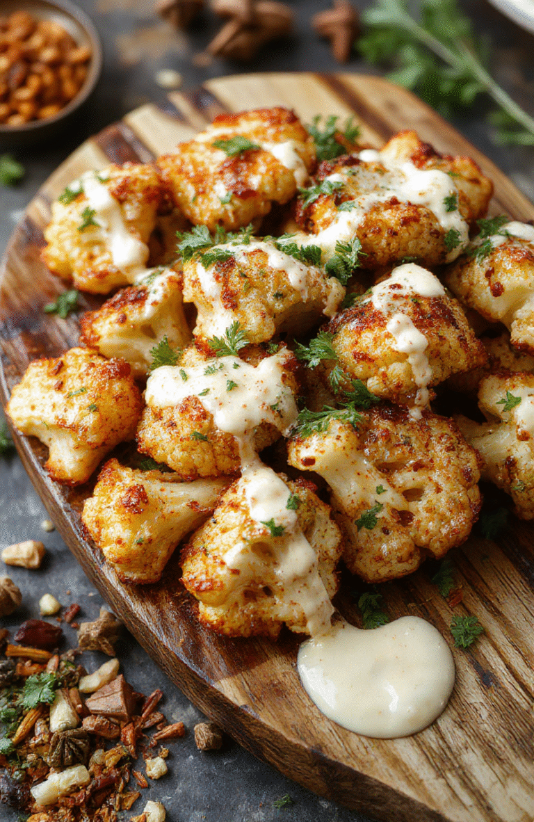 A vibrant plate of roasted Moroccan cauliflower topped with a glossy tahini-honey drizzle, garnished with fresh herbs, arranged on a rustic wooden platter with colorful spices around, textures of caramelized cauliflower and smooth sauce highlighted.