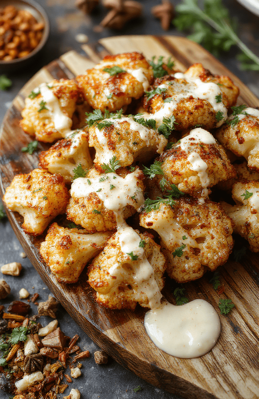 A vibrant plate of roasted Moroccan cauliflower topped with a glossy tahini-honey drizzle, garnished with fresh herbs, arranged on a rustic wooden platter with colorful spices around, textures of caramelized cauliflower and smooth sauce highlighted.