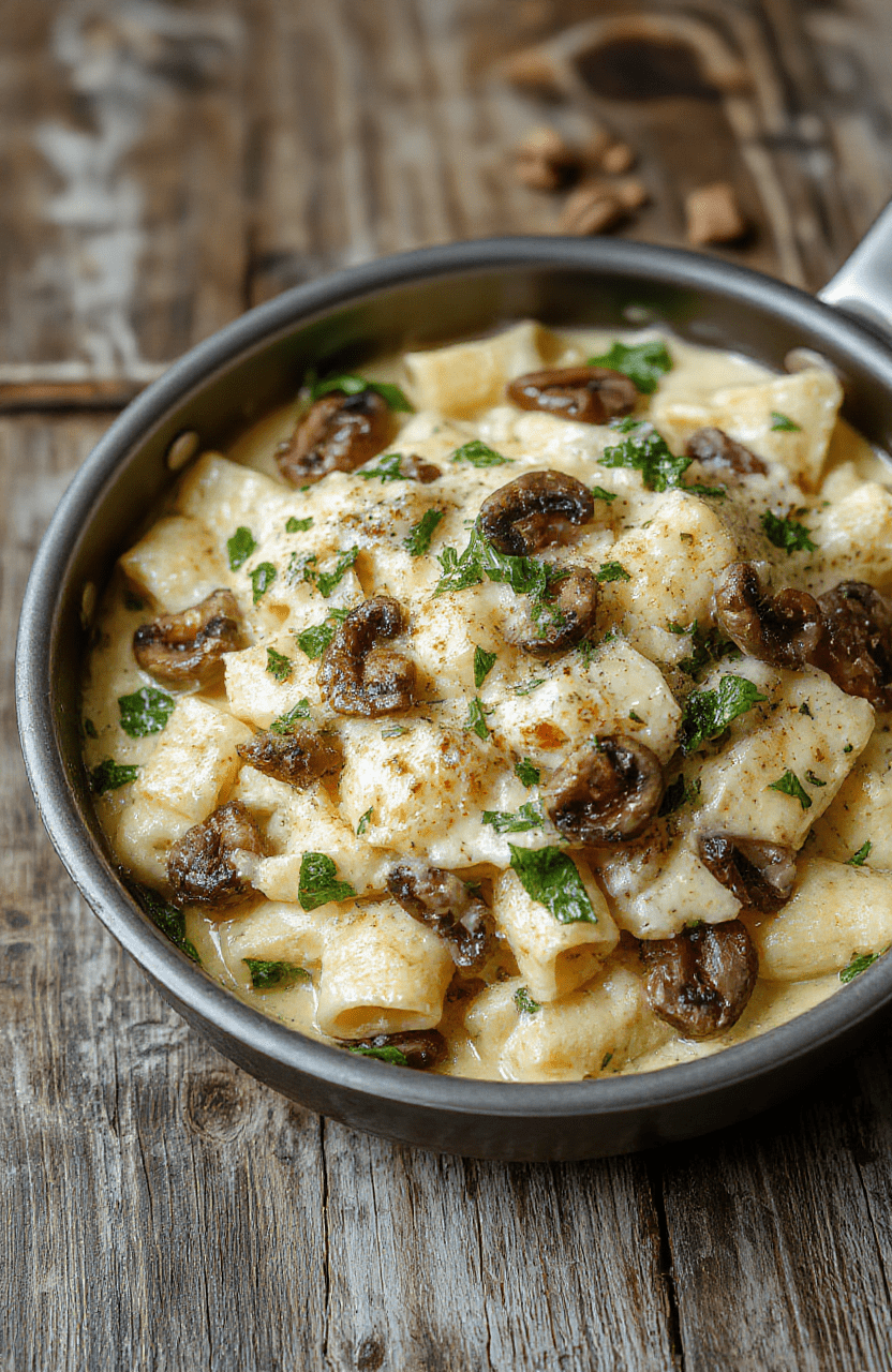 A vibrant pasta dish served on a rustic wooden plate featuring golden spaghetti coated in a creamy white sauce with fresh spinach, sautéed mushrooms, and grated Parmesan cheese on top. The presentation is casual, with the ingredients visible, garnished with a sprinkle of herbs, styled simply for a homely, appetizing look.