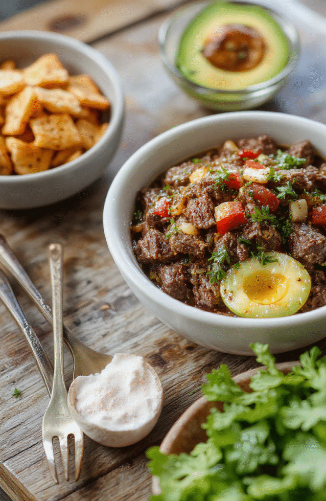 A vibrant Korean ground beef bowl featuring seasoned cooked ground beef over steamed white rice, garnished with chopped green onions, sesame seeds, and sliced cucumbers on a clean white plate, styled simply with a modern kitchen background and natural lighting emphasizing the textures and colorful ingredients.
