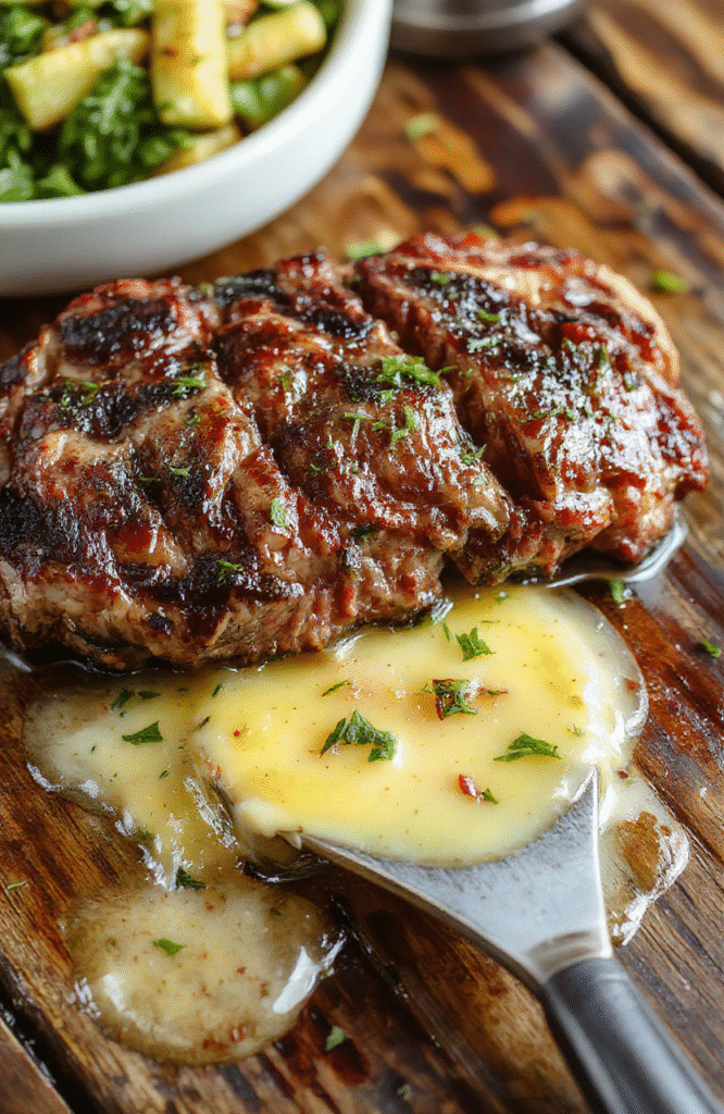 A perfectly cooked pan-seared steak glazed with glossy butter sauce, plated on a rustic wooden table, garnished with fresh herbs, showcasing a golden-brown crust and tender interior, styled simply for a cozy dinner.